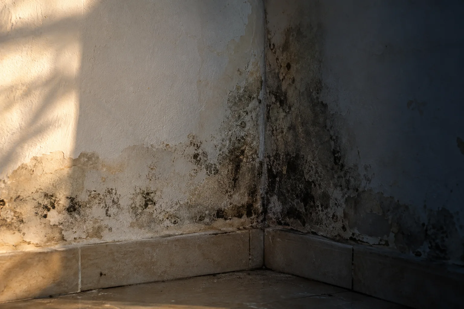 Illustration of extensive mould and water staining on an interior plaster wall